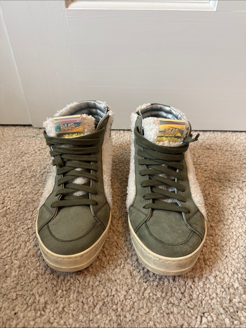P448 Women's High-Top Sneakers in Olive Green with Cream Sherpa